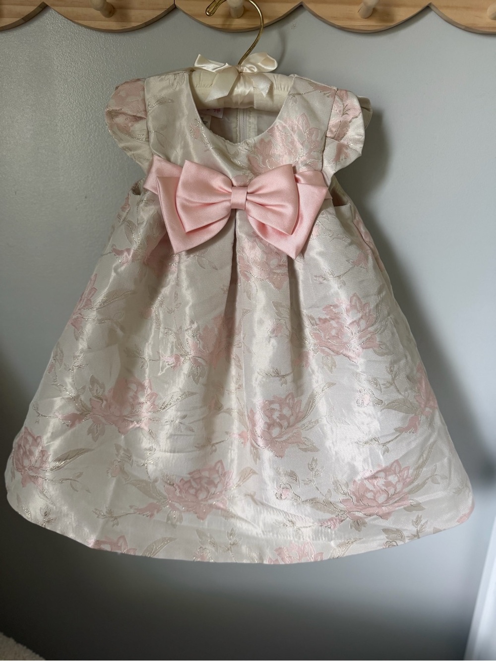 Bonnie Baby Toddler Cap Sleeve Pink Floral Jacquard Trapeze Bow Dress 24 months